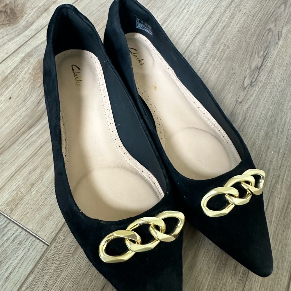 Clarks Black and Gold Flats with Elegant Chain Detail